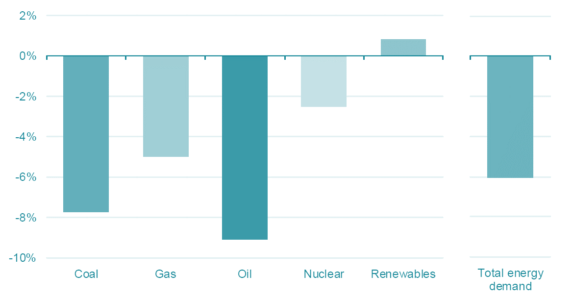Projected change in primary energy demand by fuel in 2020 relative to 2019 Projected change in primary energy demand by fuel in 2020 relative to 2019